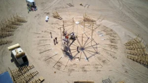 Assembly of the Mobile Bamboo Theatre at the Beach