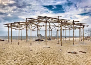 Assembly of the Mobile Bamboo Theatre at the Beach
