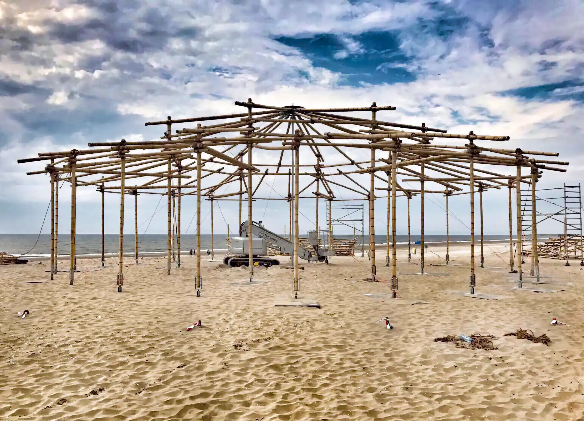 Assembly of the Mobile Bamboo Theatre at the Beach
