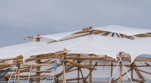 Assembly of the Mobile Bamboo Theatre at the Beach