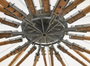 Custom steel joinery for structural Guadua bamboo beach foundations