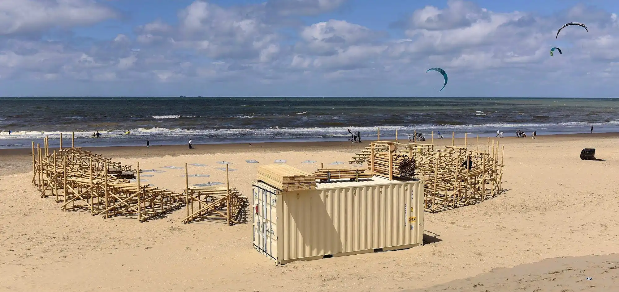 Assembly of the Mobile Bamboo Theatre at the Beach