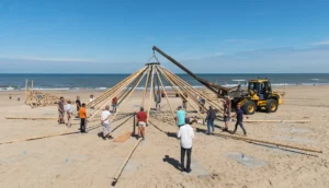 Assembly of the Mobile Bamboo Theatre at the Beach