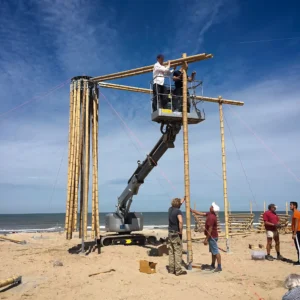 Assembly of the Mobile Bamboo Theatre at the Beach