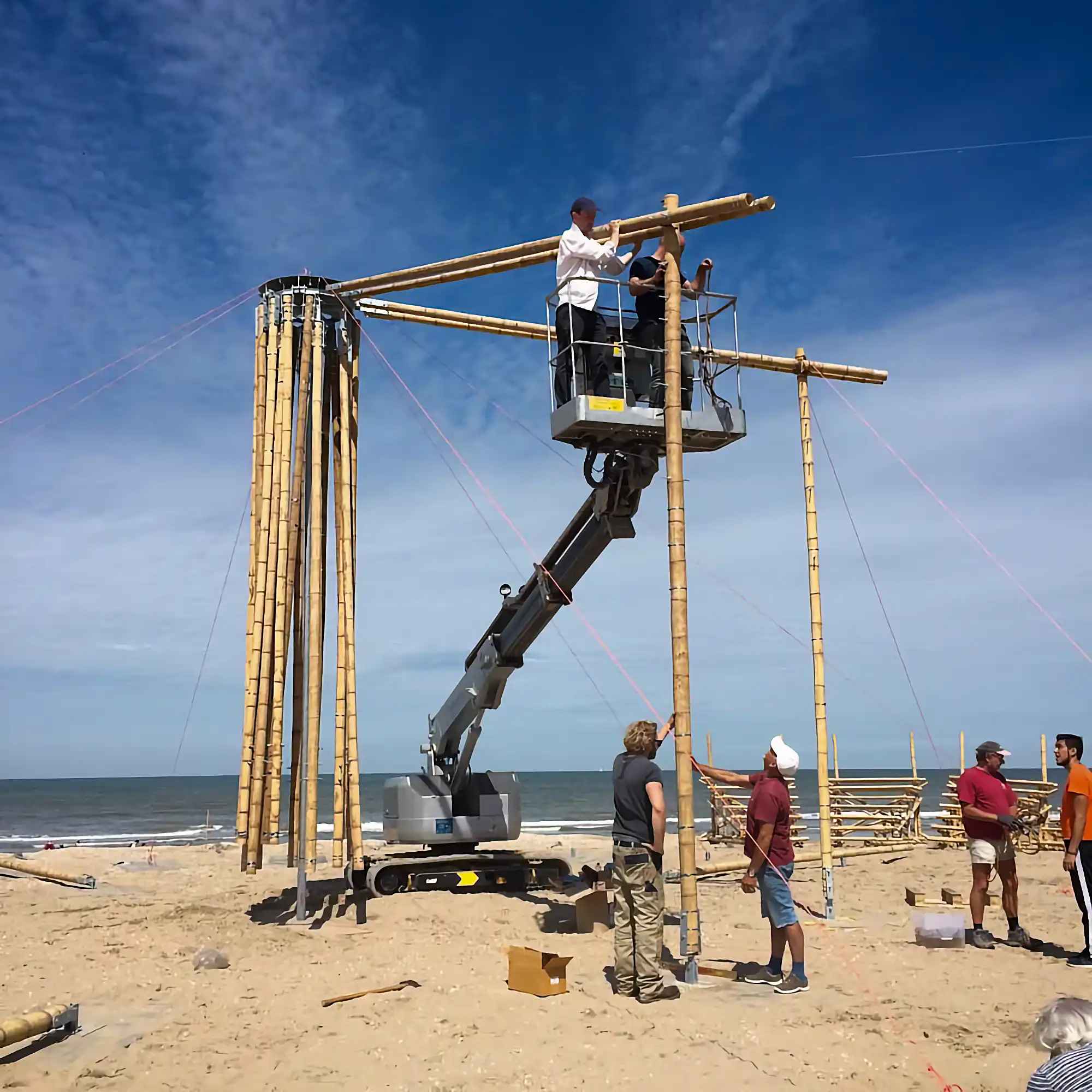 Assembly of the Mobile Bamboo Theatre at the Beach