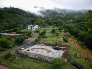 Aerial view of the bamboo pavilion construction site at Hacienda Guadua Bamboo