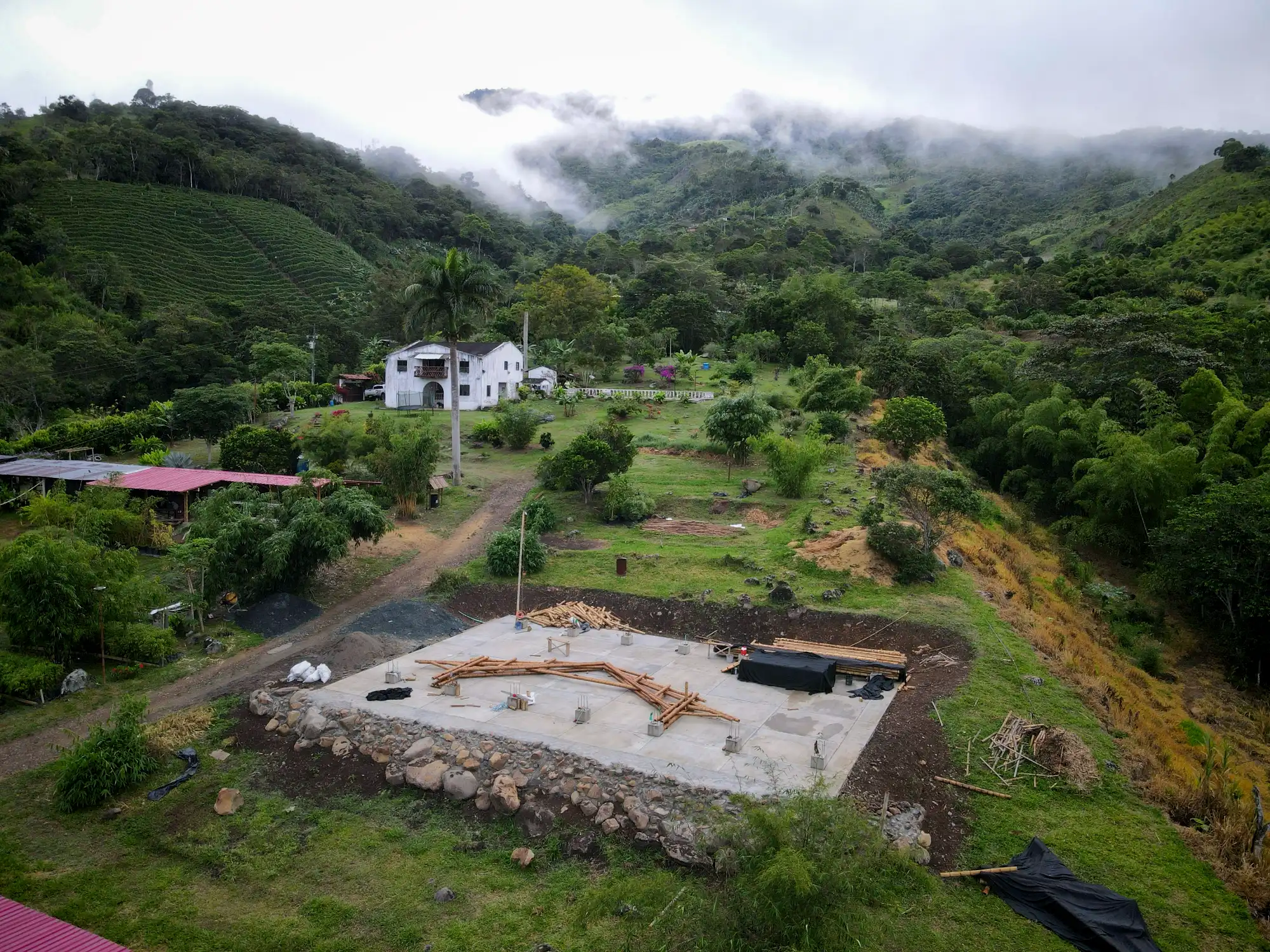 Aerial view of the bamboo pavilion construction site at Hacienda Guadua Bamboo
