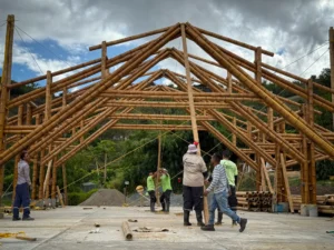 Manual lifting and positioning of bamboo trusses with pulleys and ropes