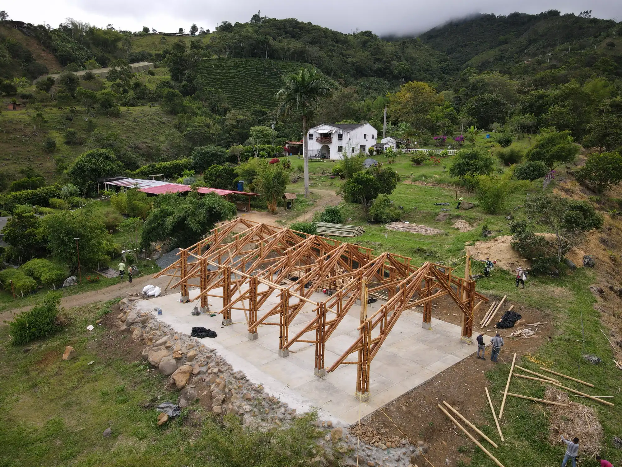 Aerial view of the bamboo pavilion construction site at Hacienda Guadua Bamboo