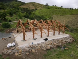 Aerial view of the bamboo pavilion construction site at Hacienda Guadua Bamboo