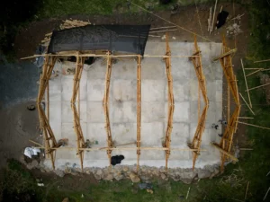 Aerial view of the bamboo pavilion construction site at Hacienda Guadua Bamboo