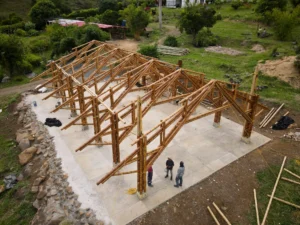 Aerial view of the bamboo pavilion construction site at Hacienda Guadua Bamboo