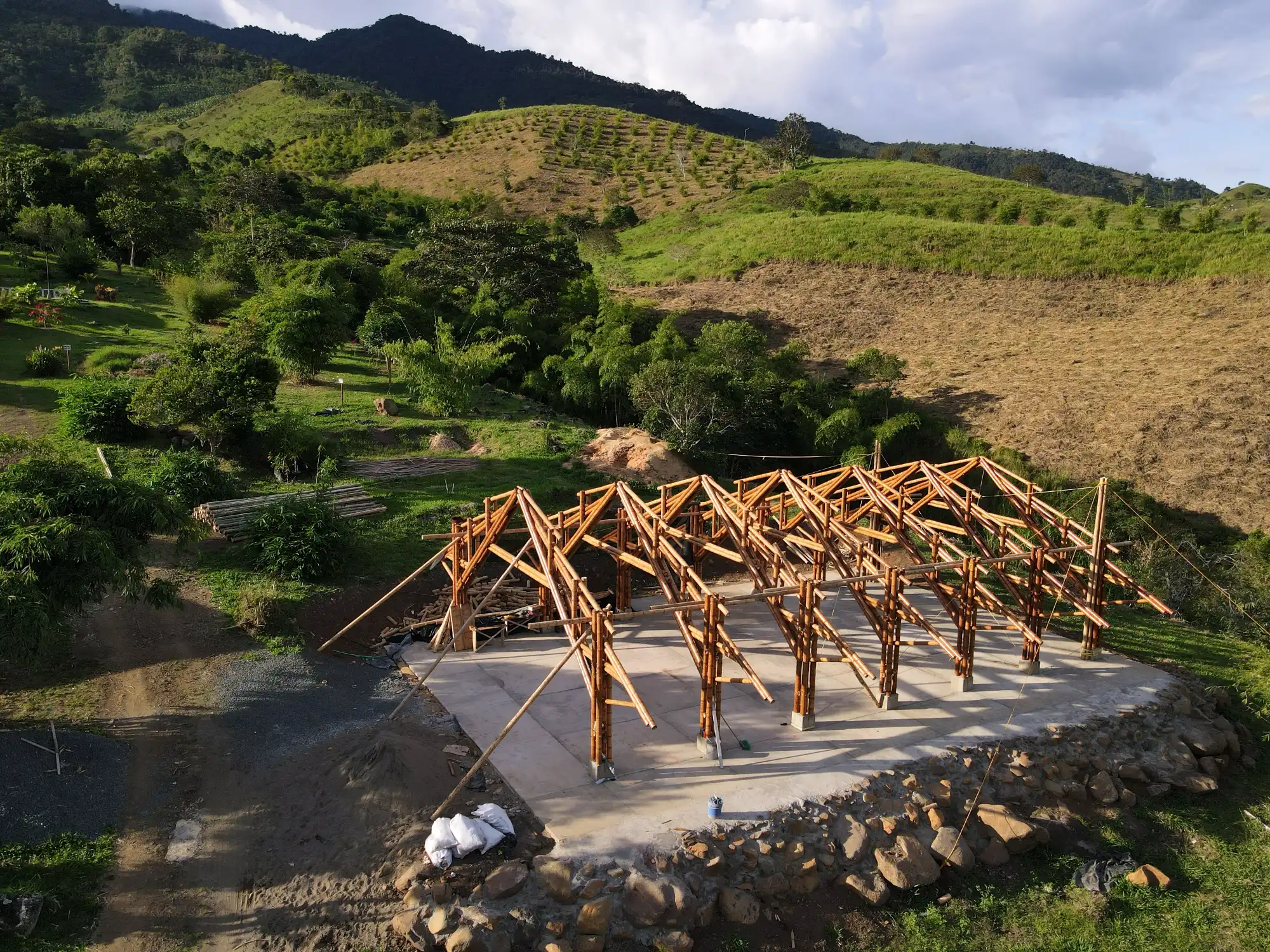 Aerial view of the bamboo pavilion construction site at Hacienda Guadua Bamboo
