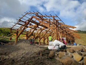 View of the complete skeleton of the bamboo pavilion