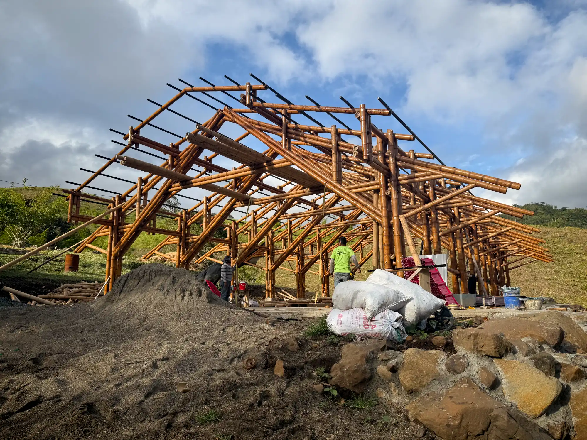 View of the complete skeleton of the bamboo pavilion
