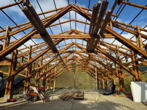 View of the complete skeleton of the bamboo pavilion