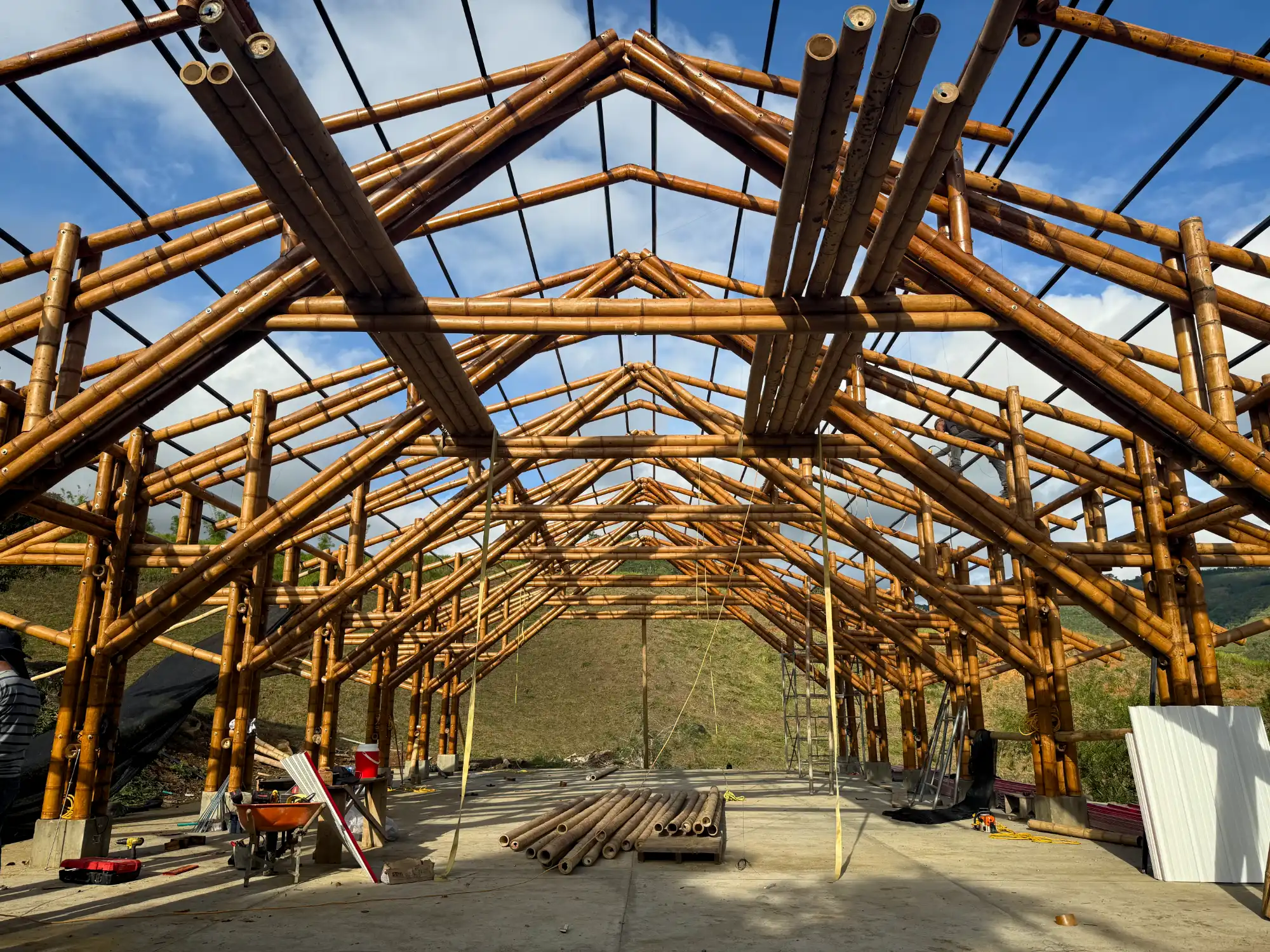 View of the complete skeleton of the bamboo pavilion