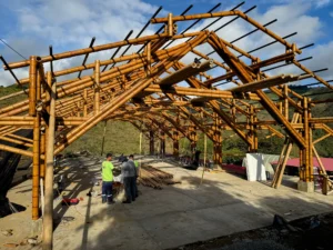 View of the complete skeleton of the bamboo pavilion