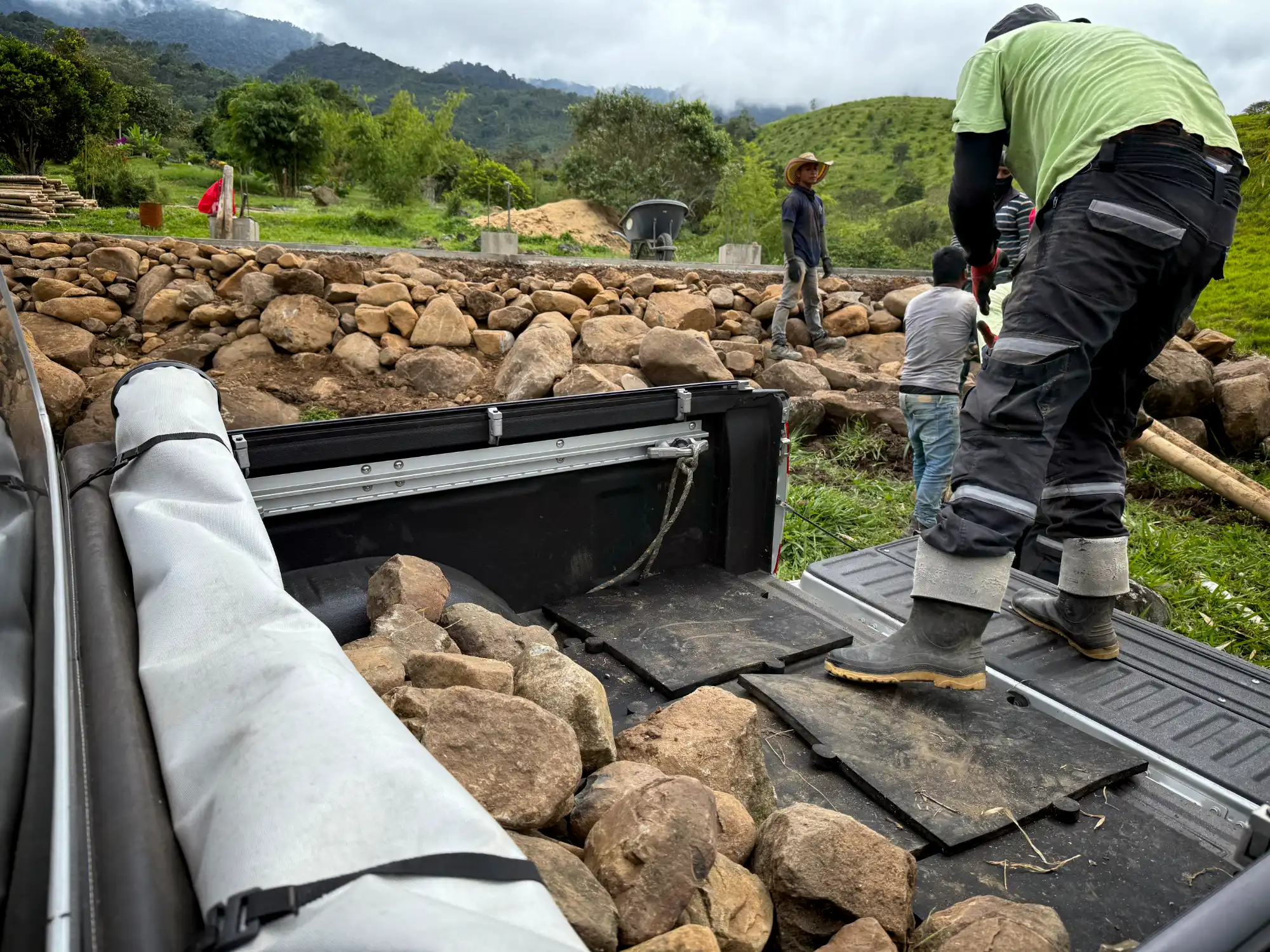 Construction of river stone retaining wall