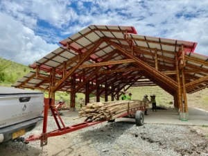 Storage of bamboo slats inside the bamboo pavilion
