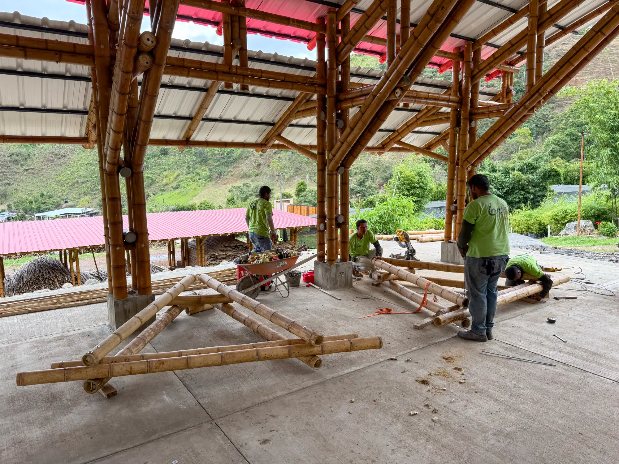 Assembly of prefabricated bamboo structures in the Tres Brisas pavilion