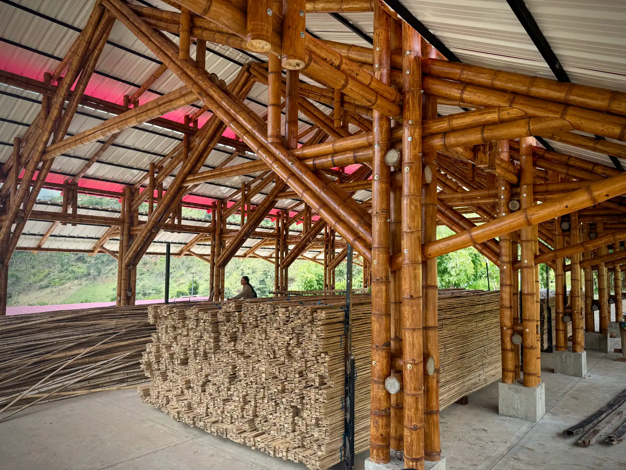 Storage of bamboo slats inside the bamboo pavilion