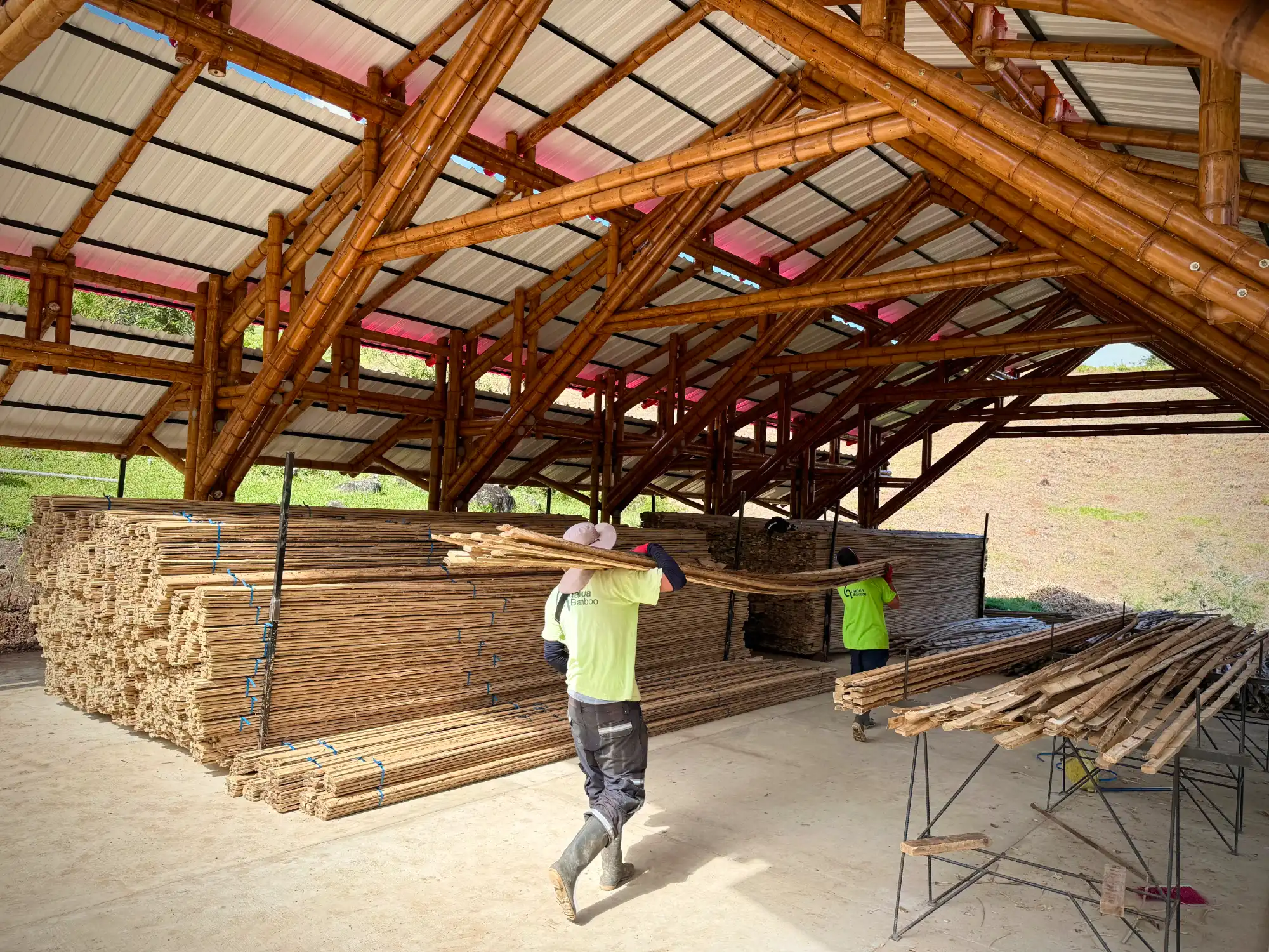 Storage of bamboo slats inside the bamboo pavilion