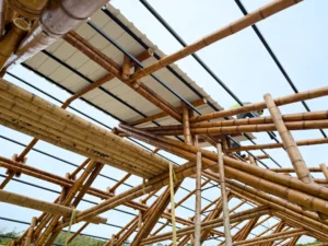 Installation of uPVC roofing panels for the bamboo pavilion