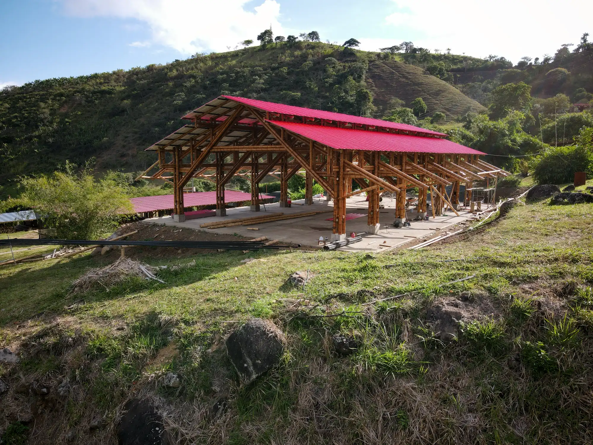 Aerial view of the “Tres Brisas” bamboo pavilion in Colombia