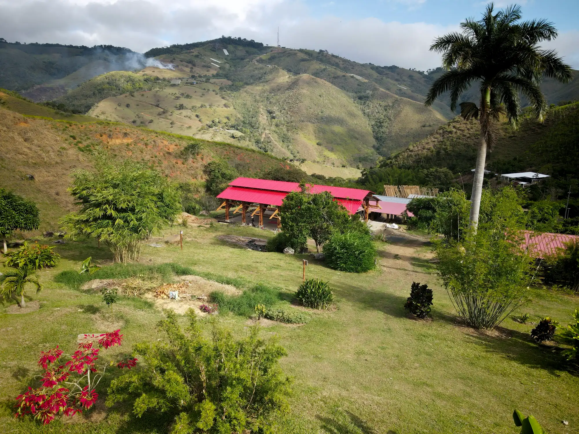 Aerial view of the “Tres Brisas” bamboo pavilion in Colombia