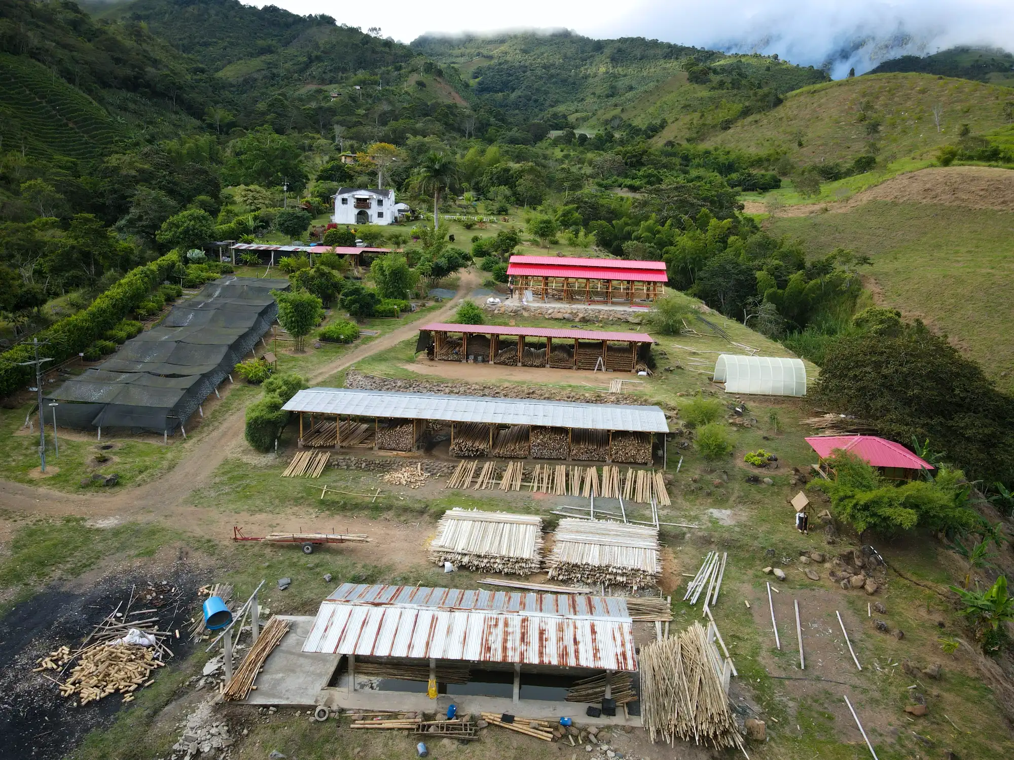 Aerial view of the “Tres Brisas” bamboo pavilion in Colombia