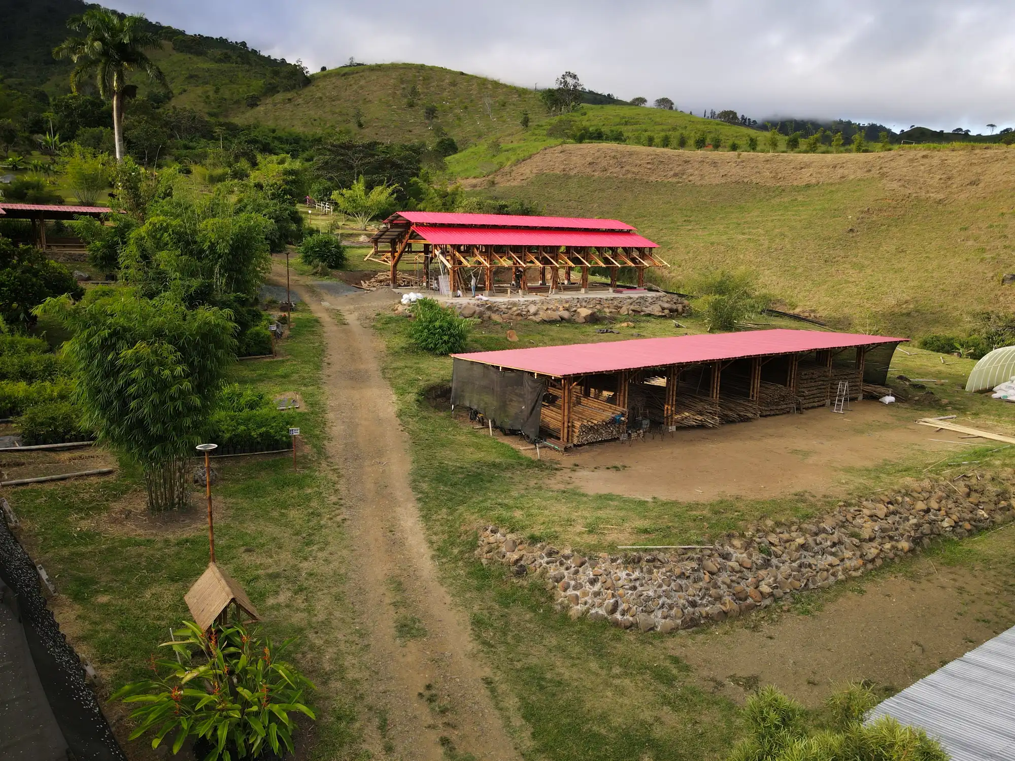 Aerial view of the “Tres Brisas” bamboo pavilion in Colombia