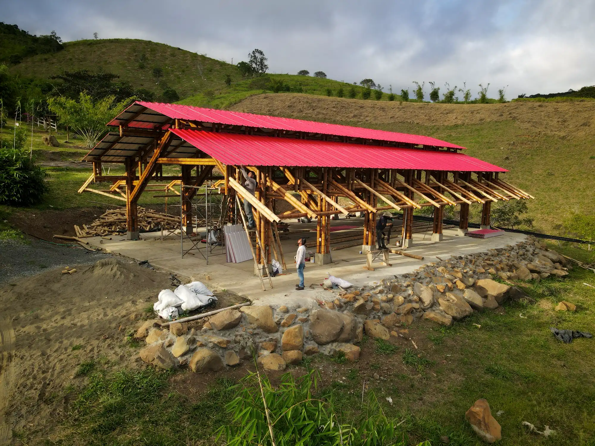 Aerial view of the “Tres Brisas” bamboo pavilion in Colombia