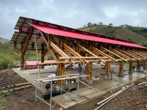 Installation of uPVC roofing panels for the bamboo pavilion