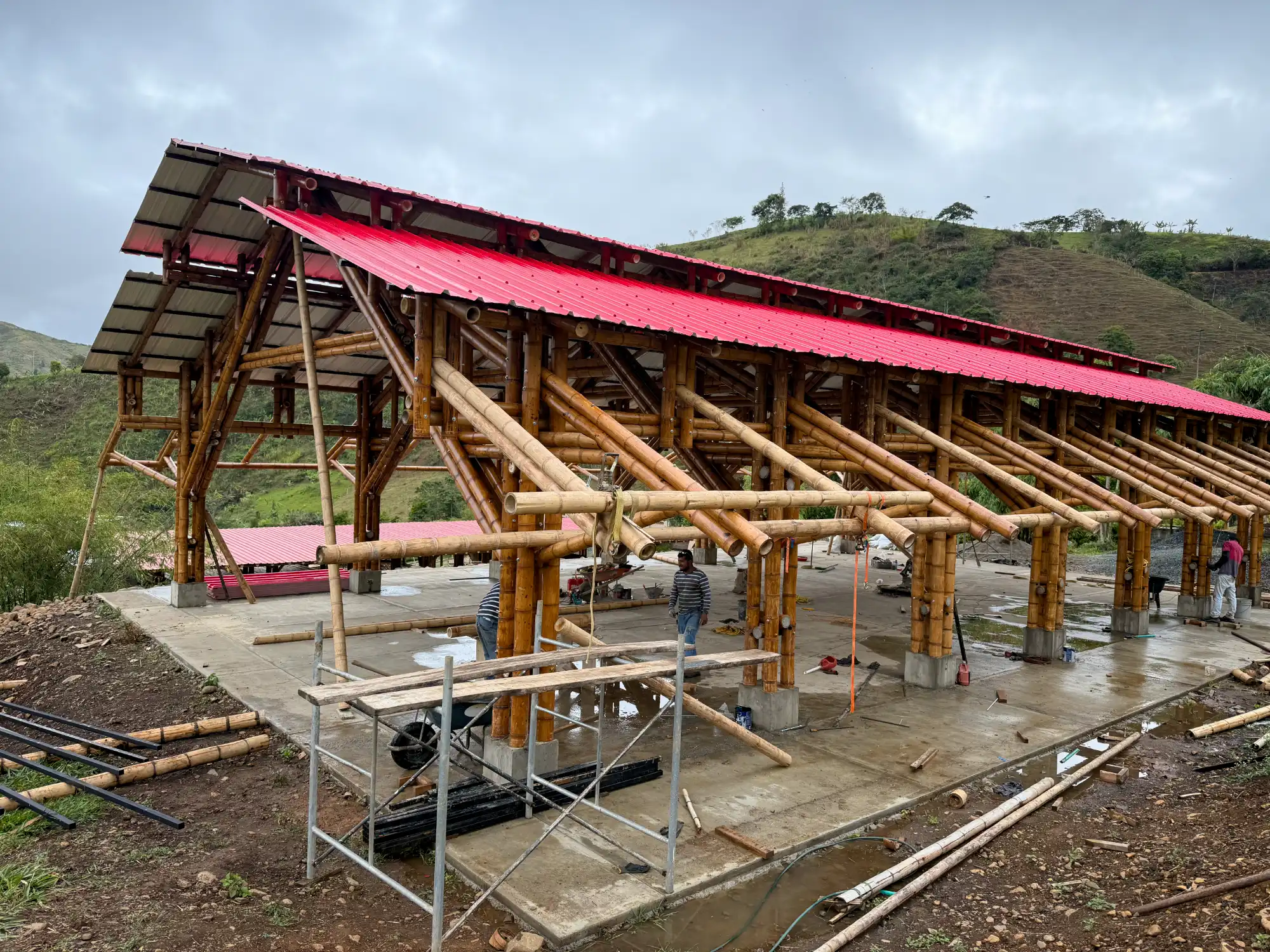 Installation of uPVC roofing panels for the bamboo pavilion