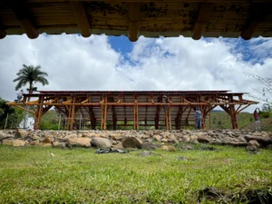 Installation of uPVC roofing panels for the bamboo pavilion