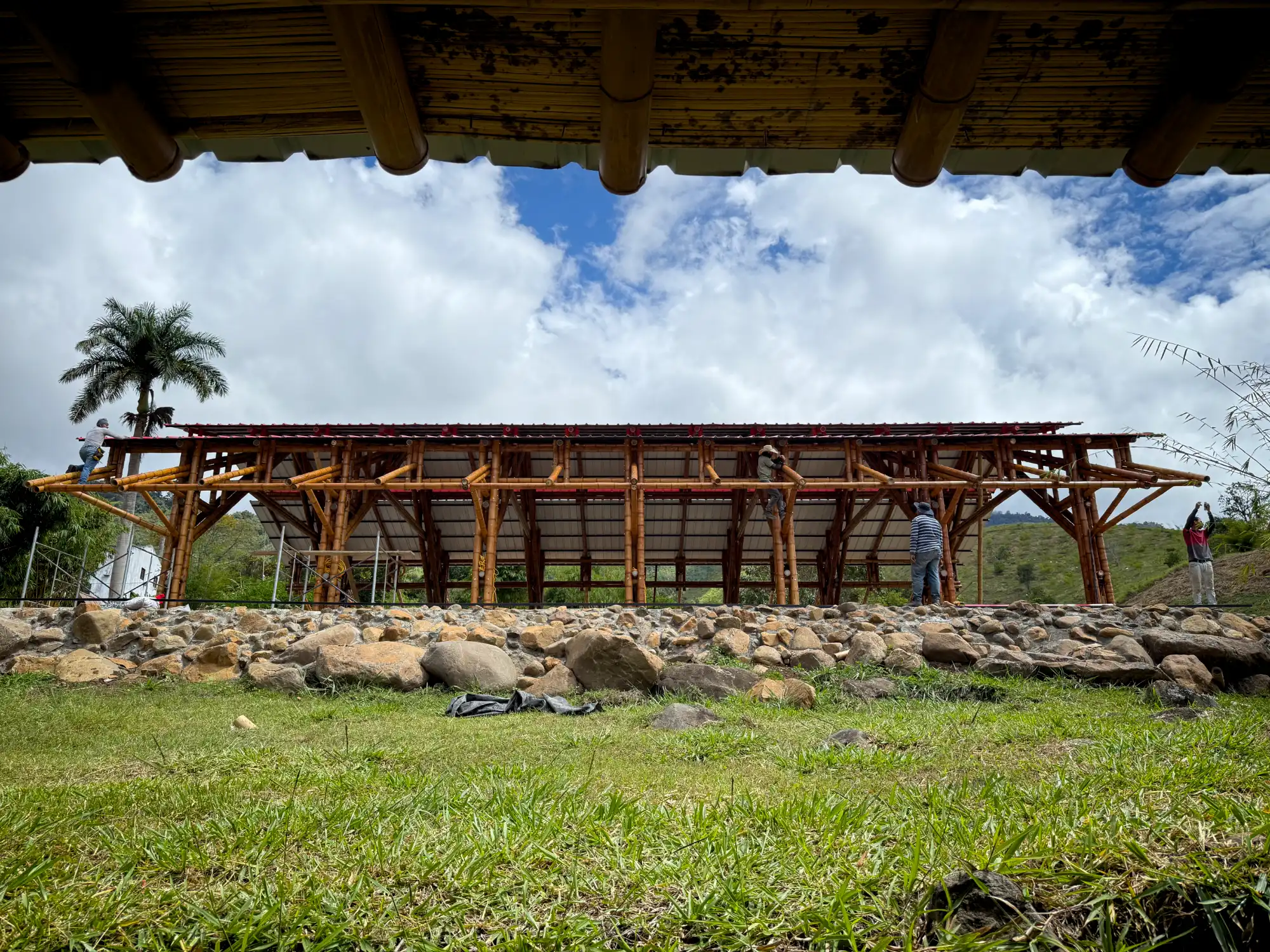 Installation of uPVC roofing panels for the bamboo pavilion