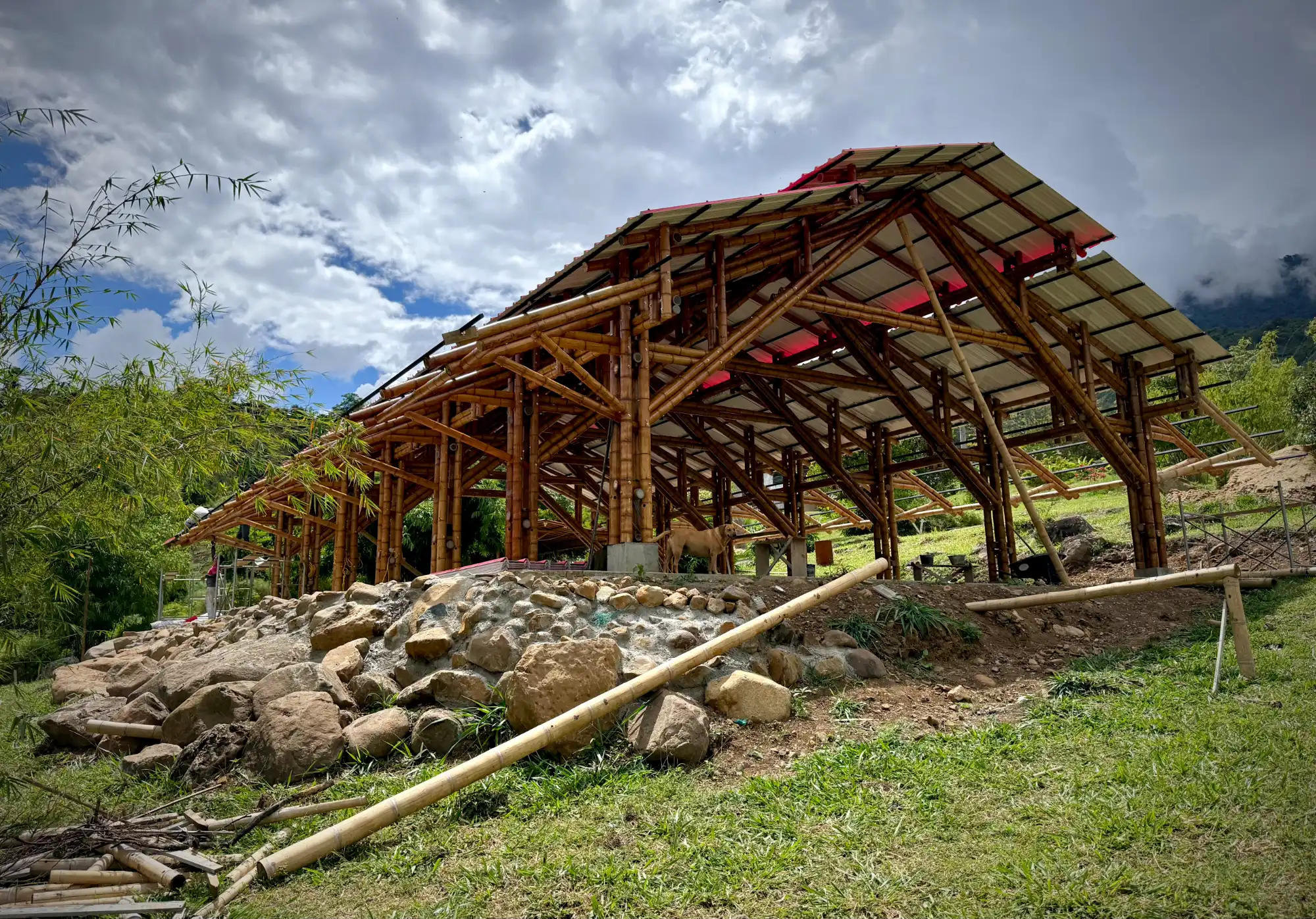 Installation of uPVC roofing panels for the bamboo pavilion