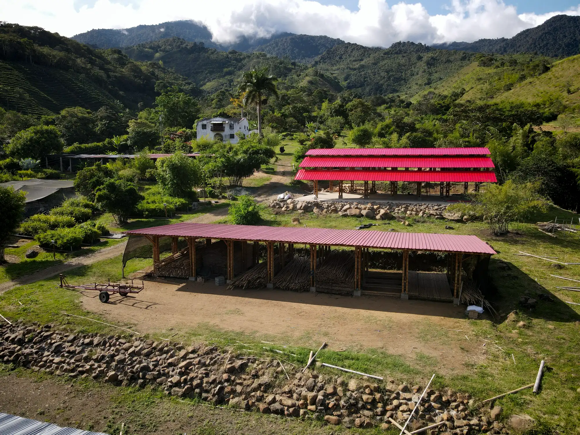 Aerial view of the “Tres Brisas” bamboo pavilion in Colombia