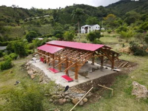 Installation of uPVC roofing panels for the bamboo pavilion