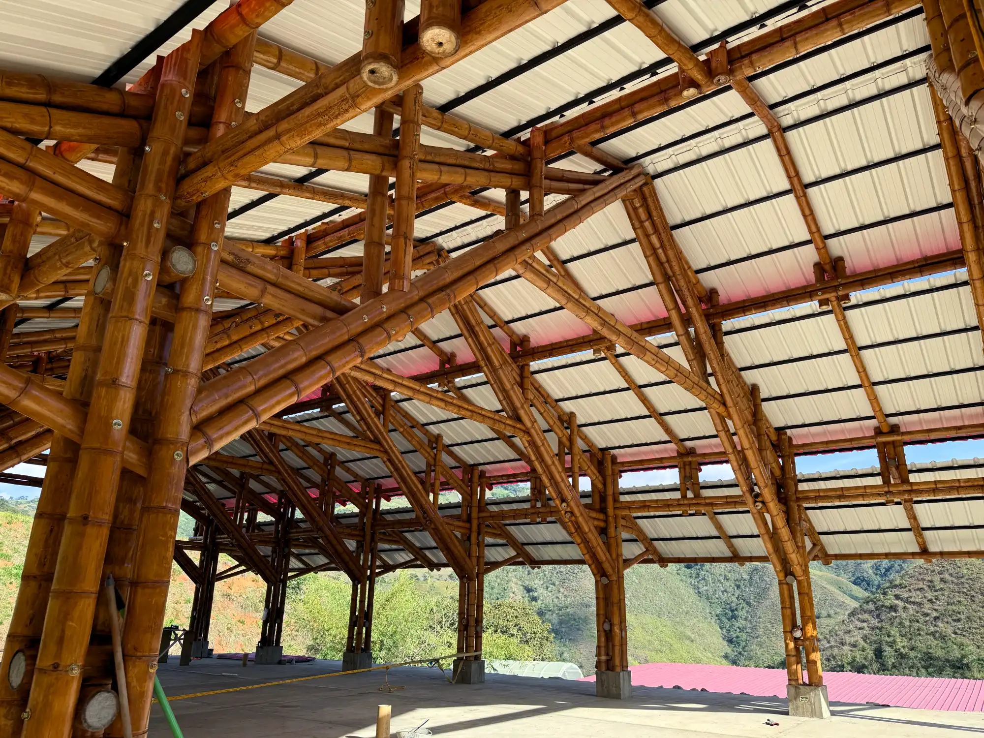 Interior view Guadua Bamboo Pavilion Tres Brisas in Colombia