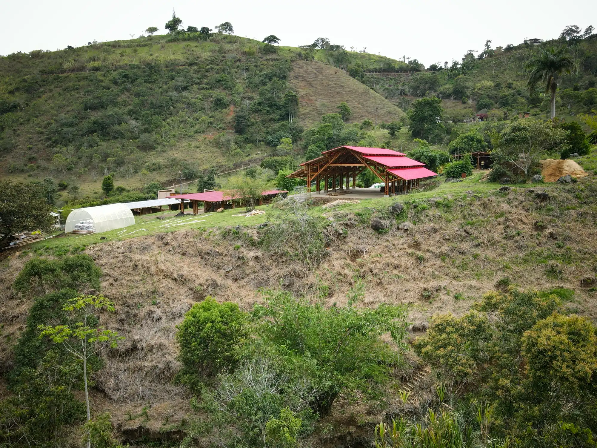 Aerial view of the “Tres Brisas” bamboo pavilion in Colombia