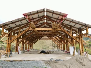Installation of uPVC roofing panels for the bamboo pavilion