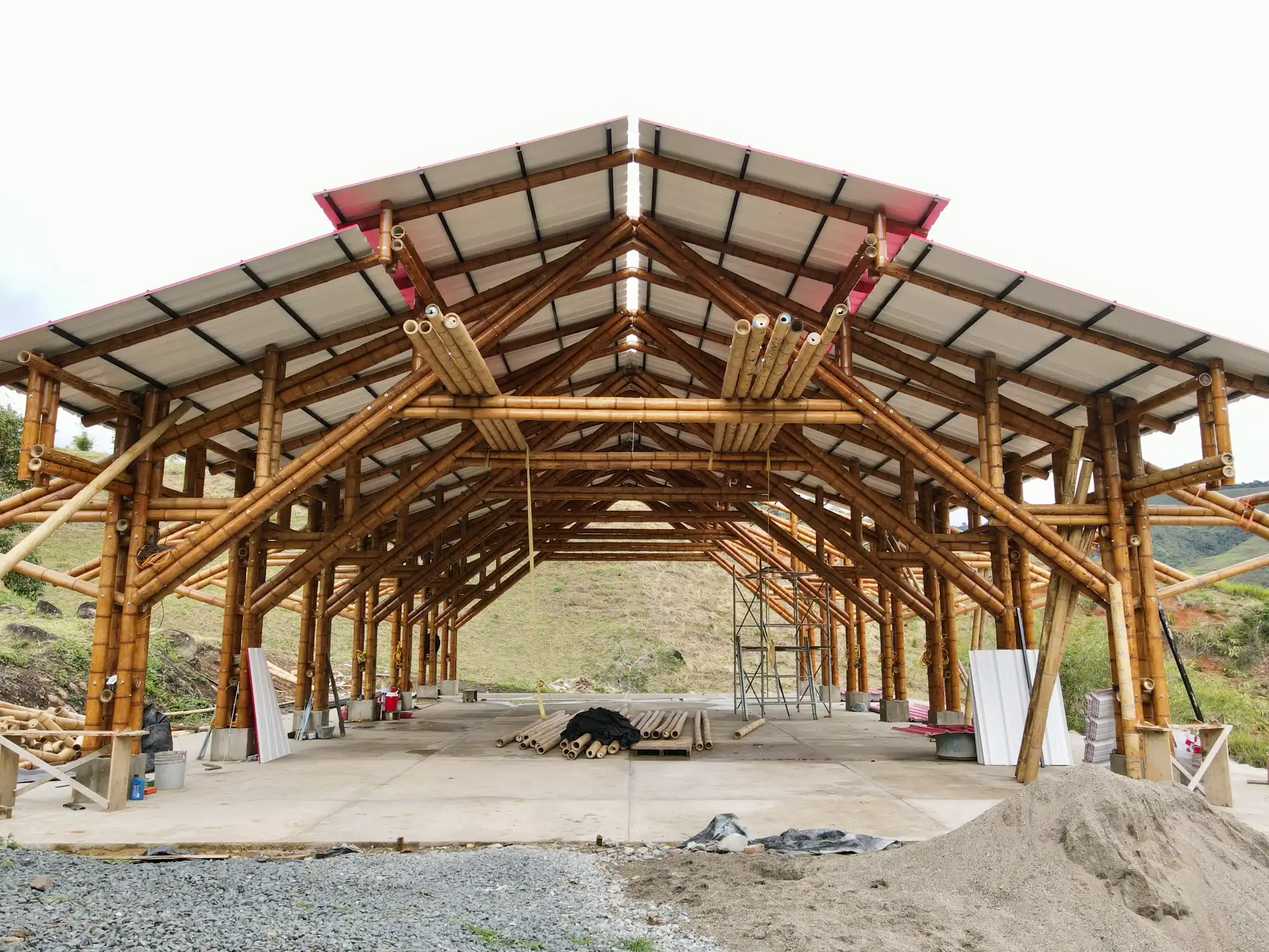 Installation of uPVC roofing panels for the bamboo pavilion