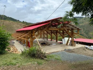 Installation of uPVC roofing panels for the bamboo pavilion