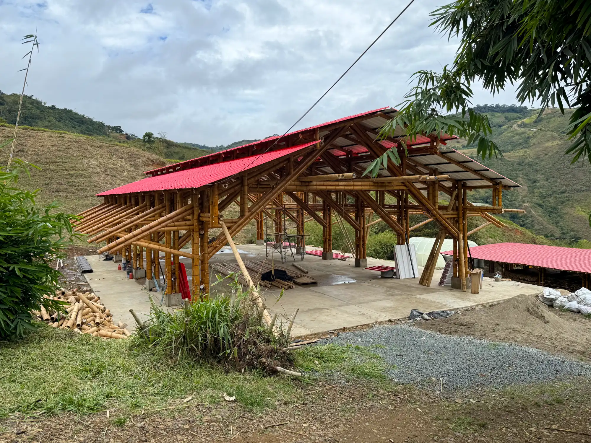 Installation of uPVC roofing panels for the bamboo pavilion