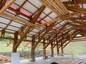 Installation of uPVC roofing panels for the bamboo pavilion