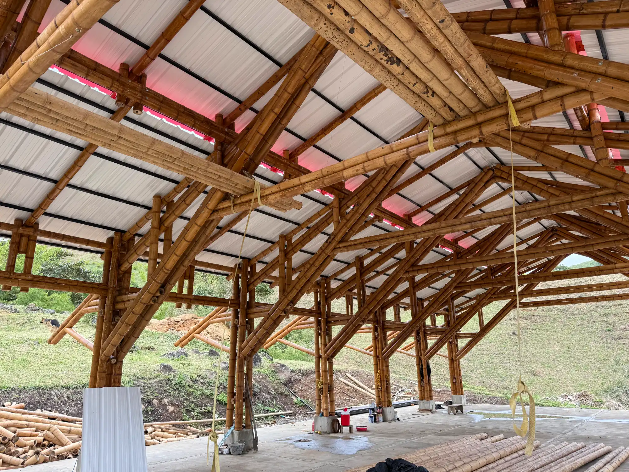 Installation of uPVC roofing panels for the bamboo pavilion