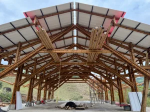 Installation of uPVC roofing panels for the bamboo pavilion