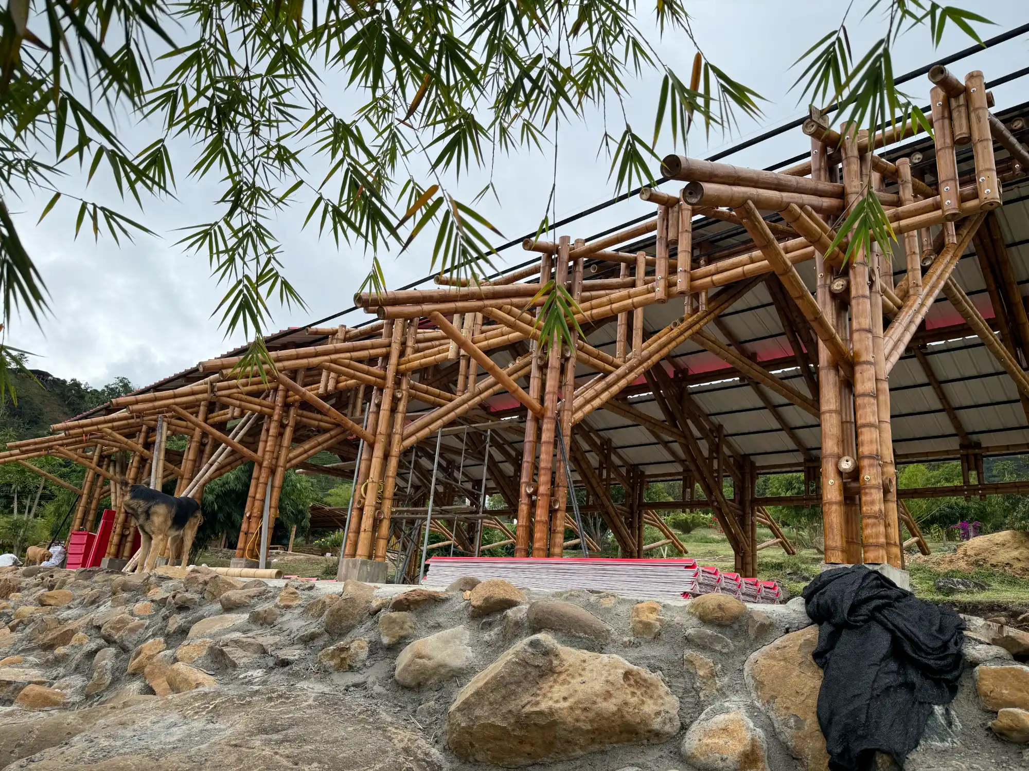 Installation of uPVC roofing panels for the bamboo pavilion